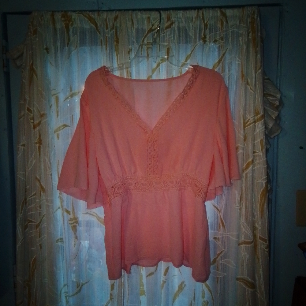 Coral Blouse with Lace Trim